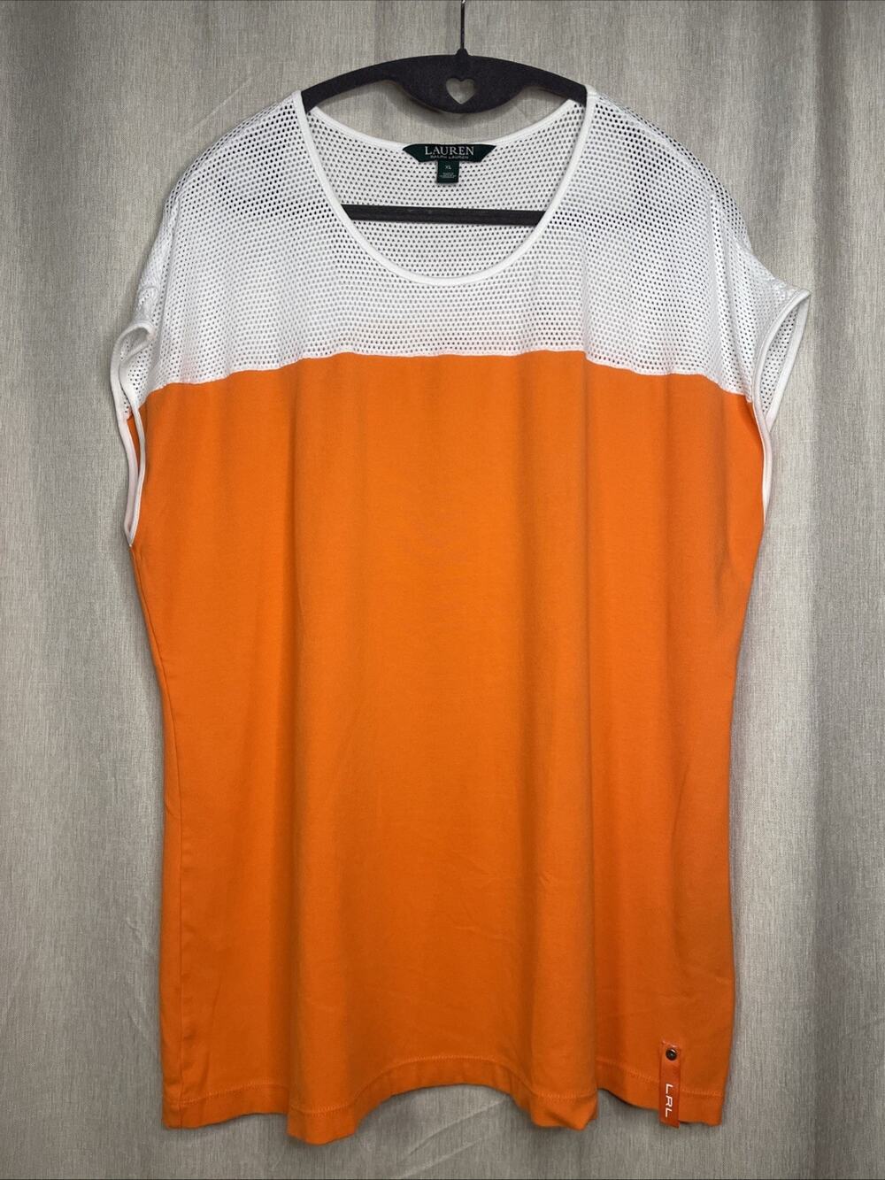 Lauren Ralph Lauren Casual Top Sz XL - Mesh Trim Colorblock Neon Orange & White